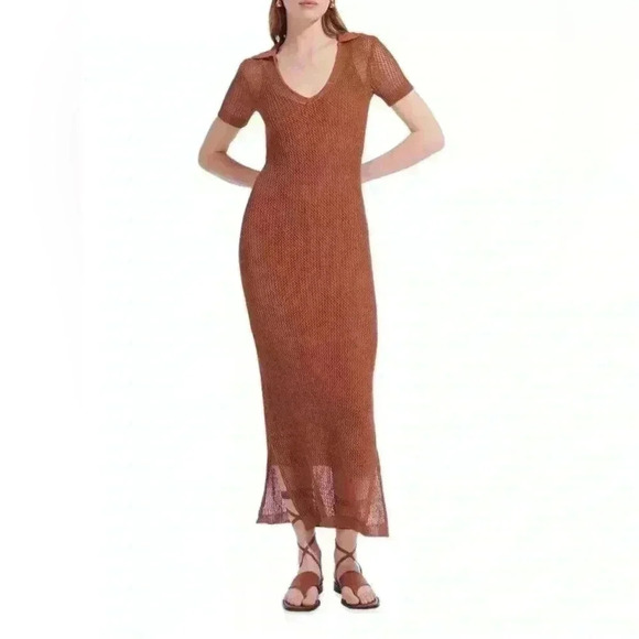 STAUD Oceane Crochet Maxi Midi Dress M Short Sleeve Collared Knit Bodycon Fitted - Picture 2 of 6